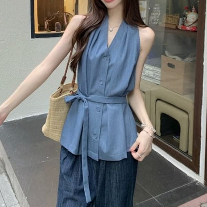 Halter V-Neck Tie Waist Button-Up Plain Top
