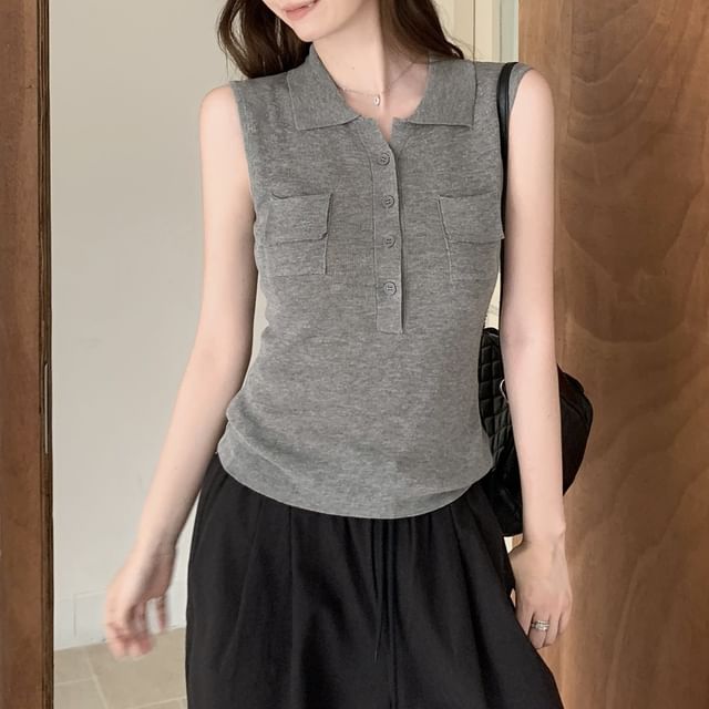 Collared Half-Buttoned Plain Knit Tank Top