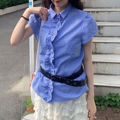 Short-Sleeve Collared Frill Trim Button-Up Blouse