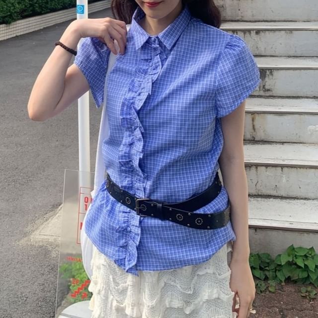 Short-Sleeve Collared Frill Trim Button-Up Blouse