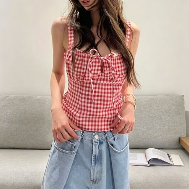 Gingham Tie Front Crop Tank Top