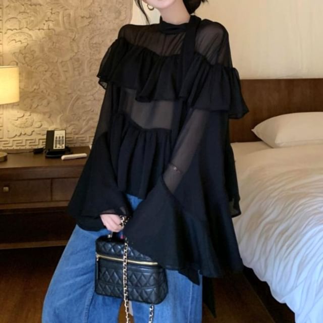 Long-Sleeve Mock Neck Plain Sheer Blouse