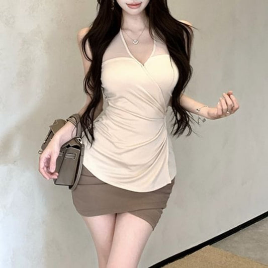 Halter V-Neck Plain Ruched Camisole Top / Mid Rise Plain Wrap Mini Pencil Skirt