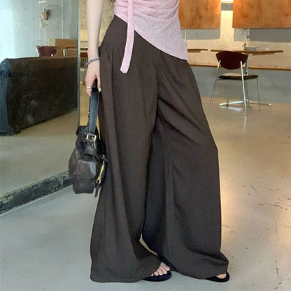 Sleeveless V-Neck Plain Ruched Top / Mid Rise Plain Wide Leg Pants