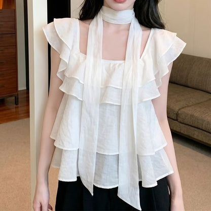 Short-Sleeve Square Neck Plain Ruffle Trim Blouse