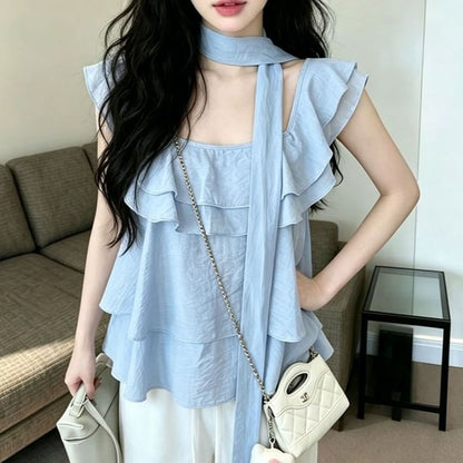 Short-Sleeve Square Neck Plain Ruffle Trim Blouse