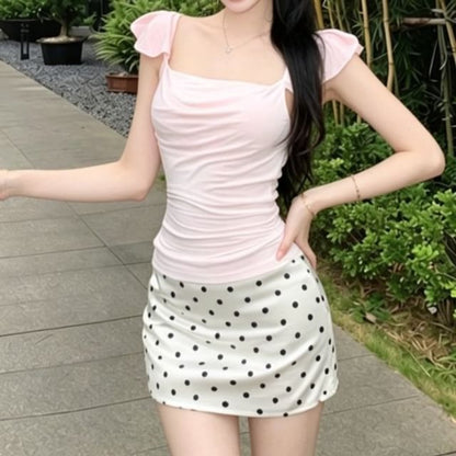 Sleeveless Square Neck Plain Ruched Top / Mid Rise Dotted Mini Pencil Skirt