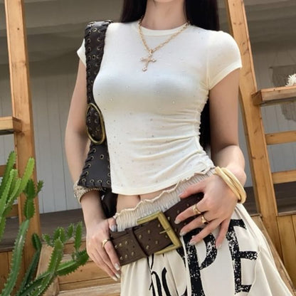 Short-Sleeve Scoop Neck Rhinestone Detail Crop T-Shirt