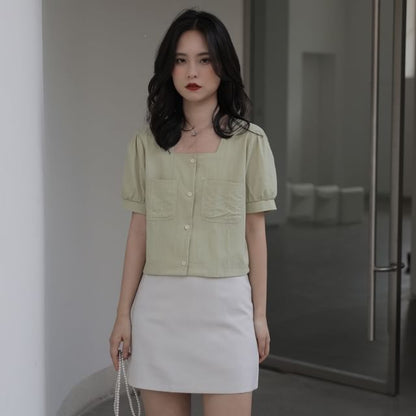Short-Sleeve Square Neck Plain Button Up Blouse
