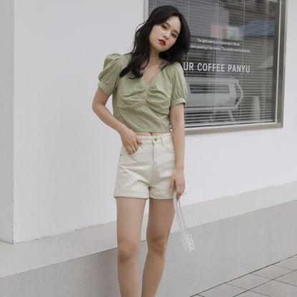 Short-Sleeve V-Neck Plain Ruched Blouse