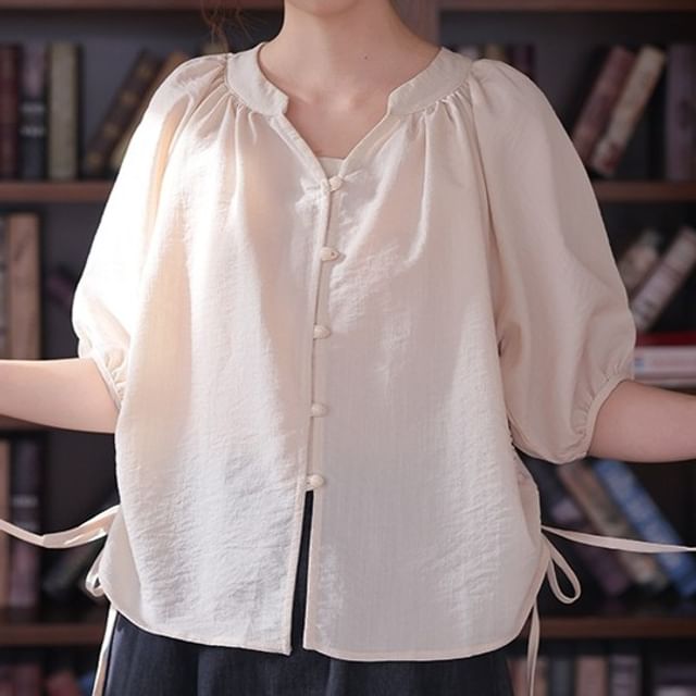 Elbow-Sleeve Notch Neck Plain Button Blouse