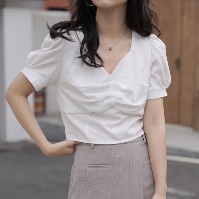 Short-Sleeve V-Neck Plain Ruched Blouse