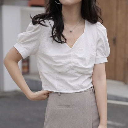 Short-Sleeve V-Neck Plain Ruched Blouse
