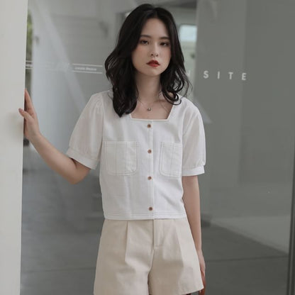 Short-Sleeve Square Neck Plain Button Up Blouse