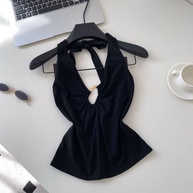 Halter V-Neck Plain Cutout Open Back Crop Top