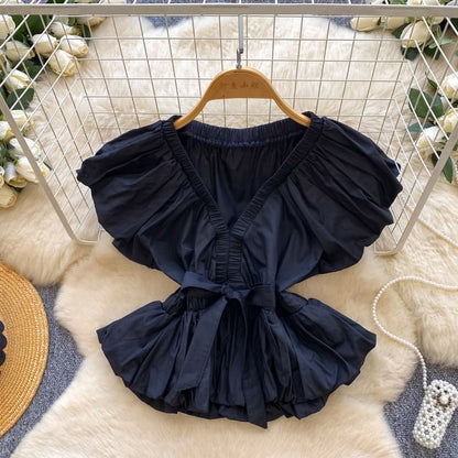 Cap-Sleeve V-Neck Plain Ruched Tie Waist Crop Blouse