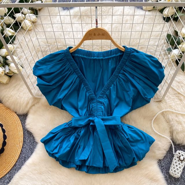Cap-Sleeve V-Neck Plain Ruched Tie Waist Crop Blouse