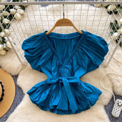 Cap-Sleeve V-Neck Plain Ruched Tie Waist Crop Blouse