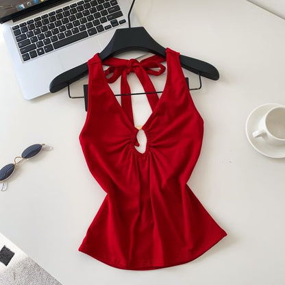 Halter V-Neck Plain Cutout Open Back Crop Top