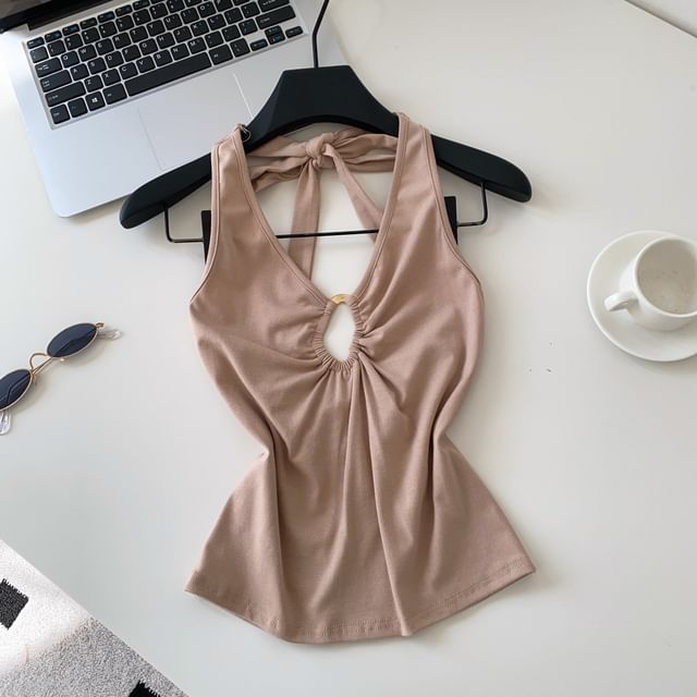 Halter V-Neck Plain Cutout Open Back Crop Top