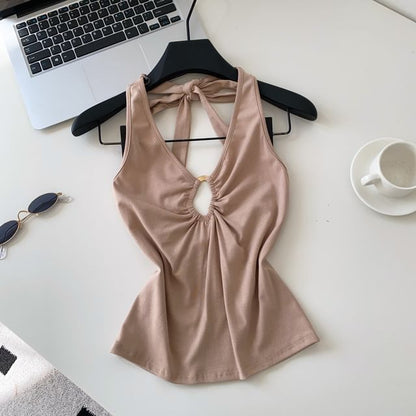 Halter V-Neck Plain Cutout Open Back Crop Top