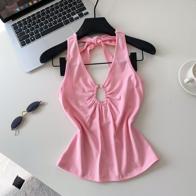 Halter V-Neck Plain Cutout Open Back Crop Top