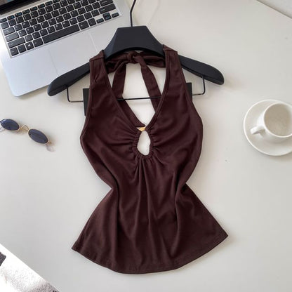 Halter V-Neck Plain Cutout Open Back Crop Top