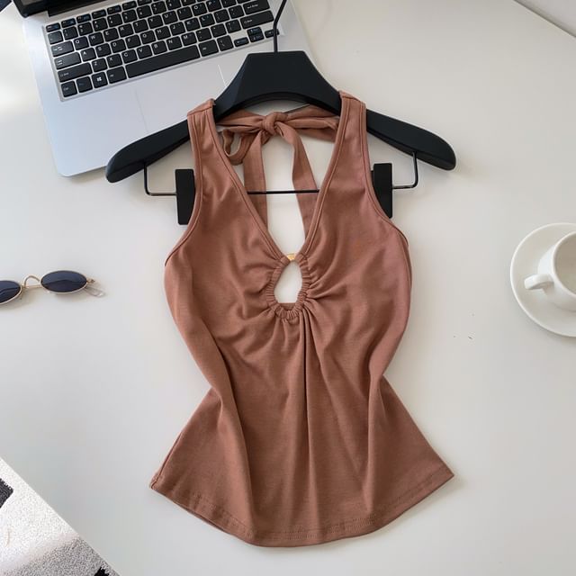 Halter V-Neck Plain Cutout Open Back Crop Top