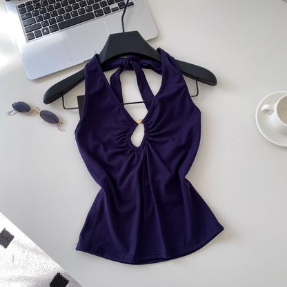 Halter V-Neck Plain Cutout Open Back Crop Top