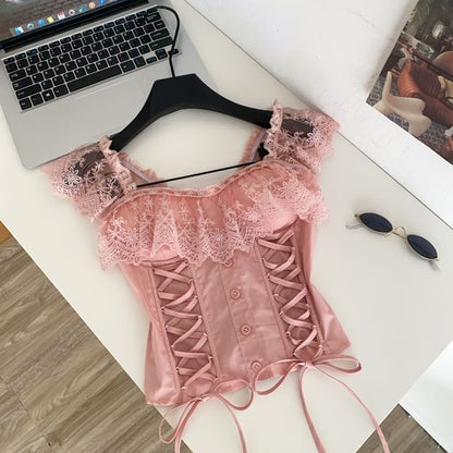 Square Neck Lace Panel Padded Lace-Up Crop Tank Top