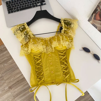 Square Neck Lace Panel Padded Lace-Up Crop Tank Top