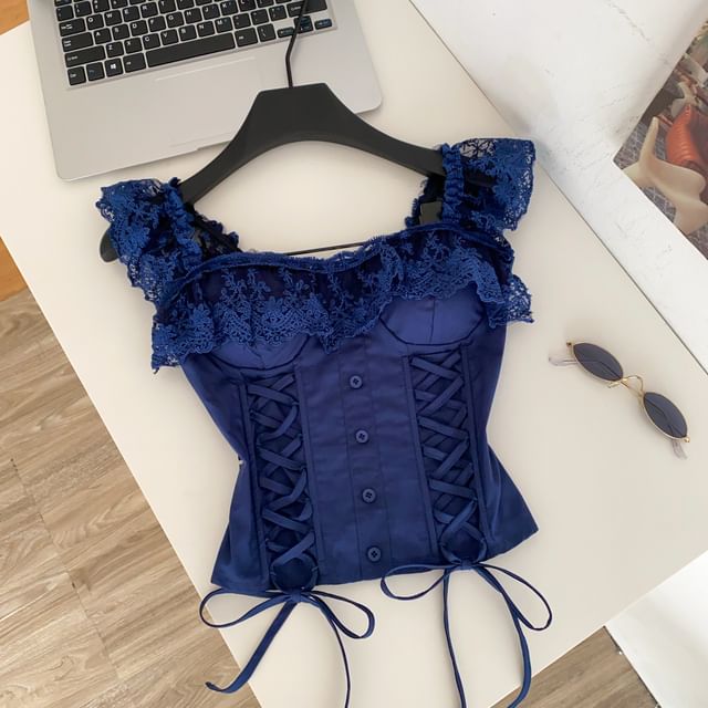 Square Neck Lace Panel Padded Lace-Up Crop Tank Top