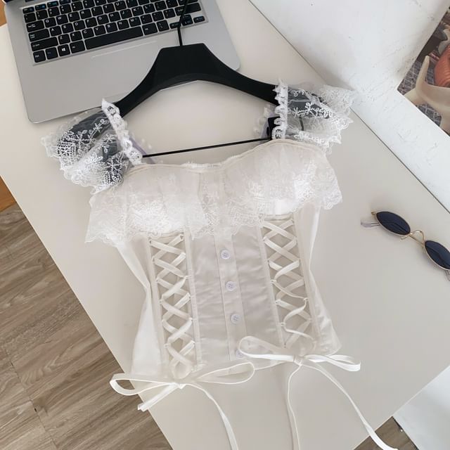 Square Neck Lace Panel Padded Lace-Up Crop Tank Top