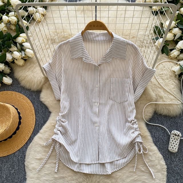 Short-Sleeve Collared Striped Drawstring Button-Up Blouse