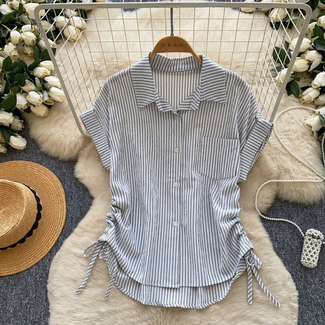 Short-Sleeve Collared Striped Drawstring Button-Up Blouse