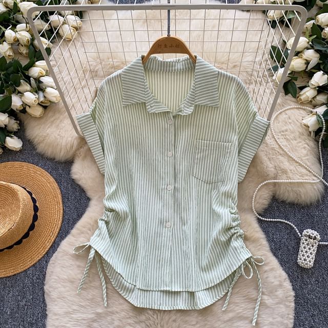 Short-Sleeve Collared Striped Drawstring Button-Up Blouse