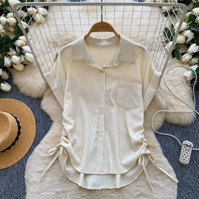 Short-Sleeve Collared Striped Drawstring Button-Up Blouse