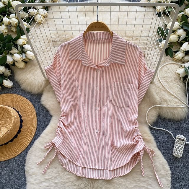 Short-Sleeve Collared Striped Drawstring Button-Up Blouse