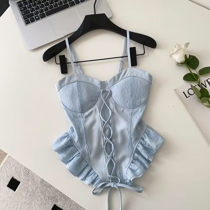 Lace Panel Ruffle Hem Lace-Up Crop Camisole Top