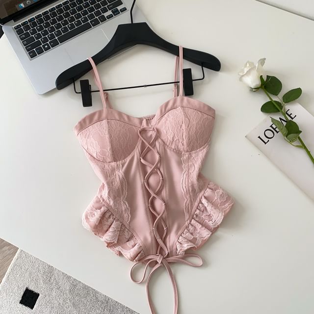 Lace Panel Ruffle Hem Lace-Up Crop Camisole Top