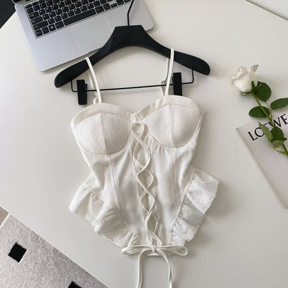 Lace Panel Ruffle Hem Lace-Up Crop Camisole Top