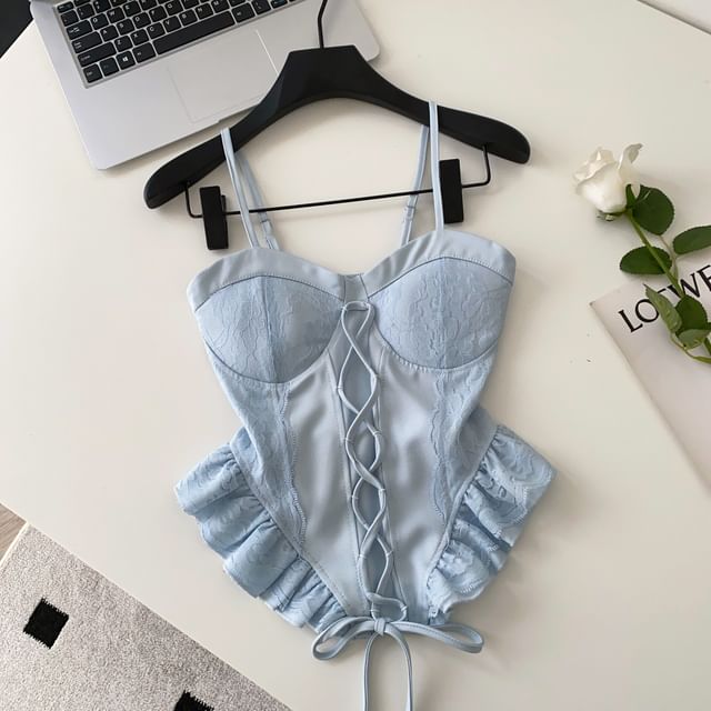 Lace Panel Ruffle Hem Lace-Up Crop Camisole Top