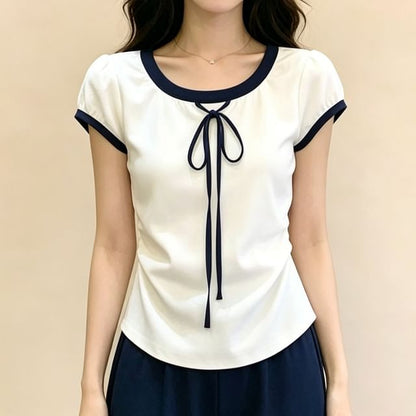 Short-Sleeve Round Neck Plain Bow T-Shirt