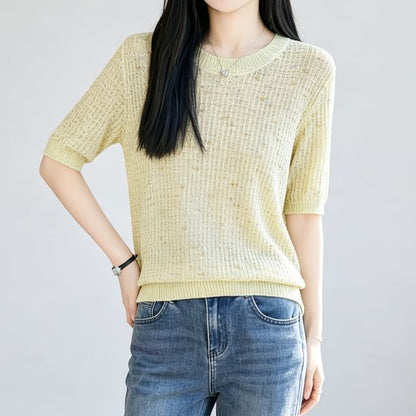 Melange Sequin Knit Top with Crew Neck and Elbow Sleeves