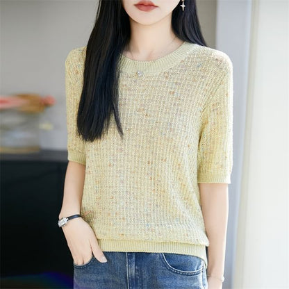 Melange Sequin Knit Top with Crew Neck and Elbow Sleeves