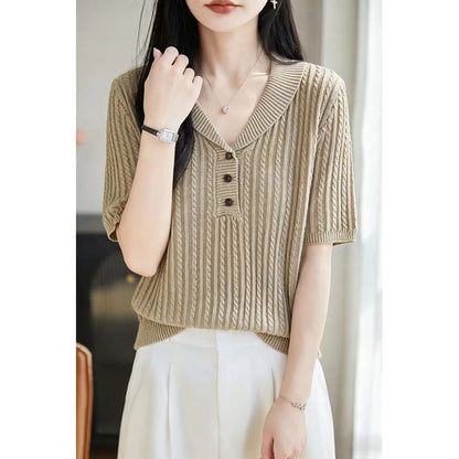 Short-Sleeve Shawl Collar Plain Cable Knit Top
