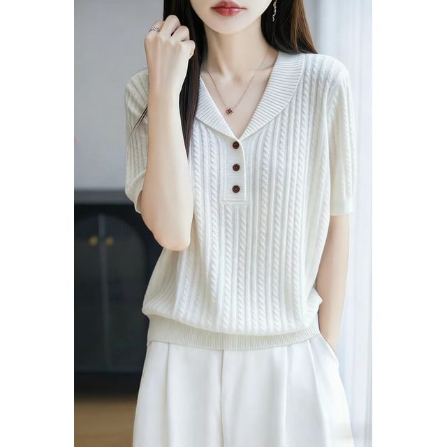 Short-Sleeve Shawl Collar Plain Cable Knit Top