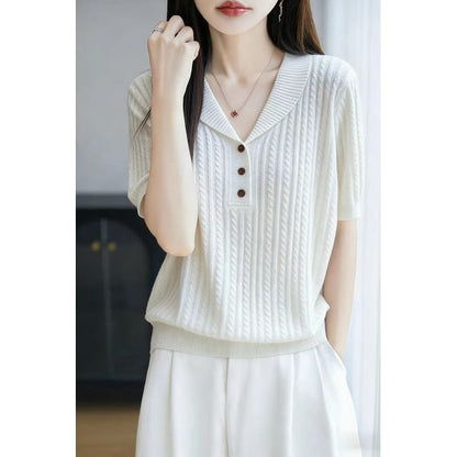 Short-Sleeve Shawl Collar Plain Cable Knit Top