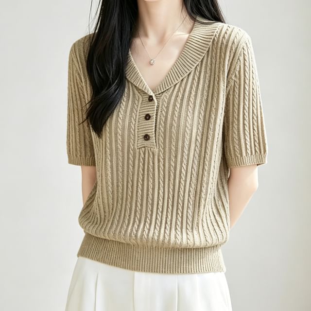 Short-Sleeve Shawl Collar Plain Cable Knit Top