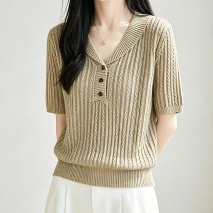 Short-Sleeve Shawl Collar Plain Cable Knit Top